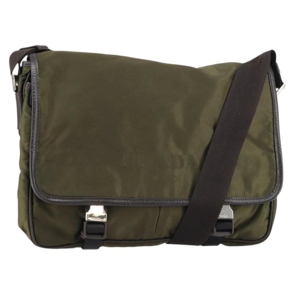 Prada Shoulder Bag Nylon Khaki Silver Auth Ka810